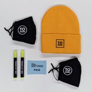 A gold Fringe toque, two Fringe masks, two highlighters, and a Next Stage pass