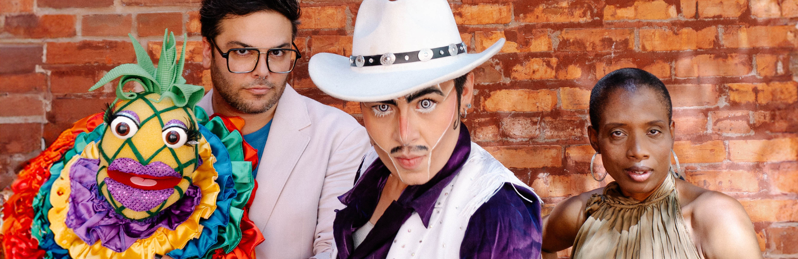Fringe 2025 marketing campaign, featuring a puppeteer, a drag king, and a dancer