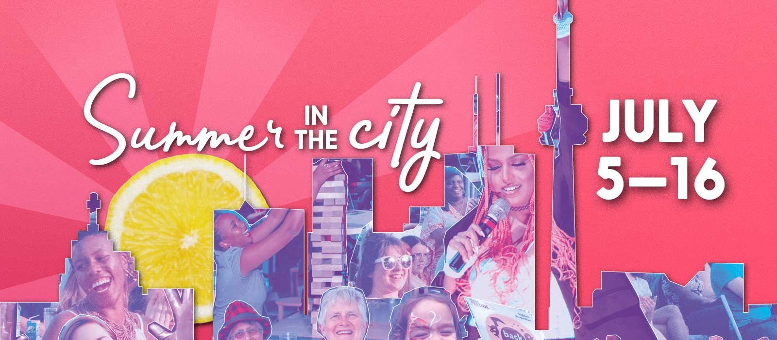 on a pink background, there is a collage of fringe performers, volunteers, and patrons made into the shape of the toronto skyline, with a lemon as the sun.