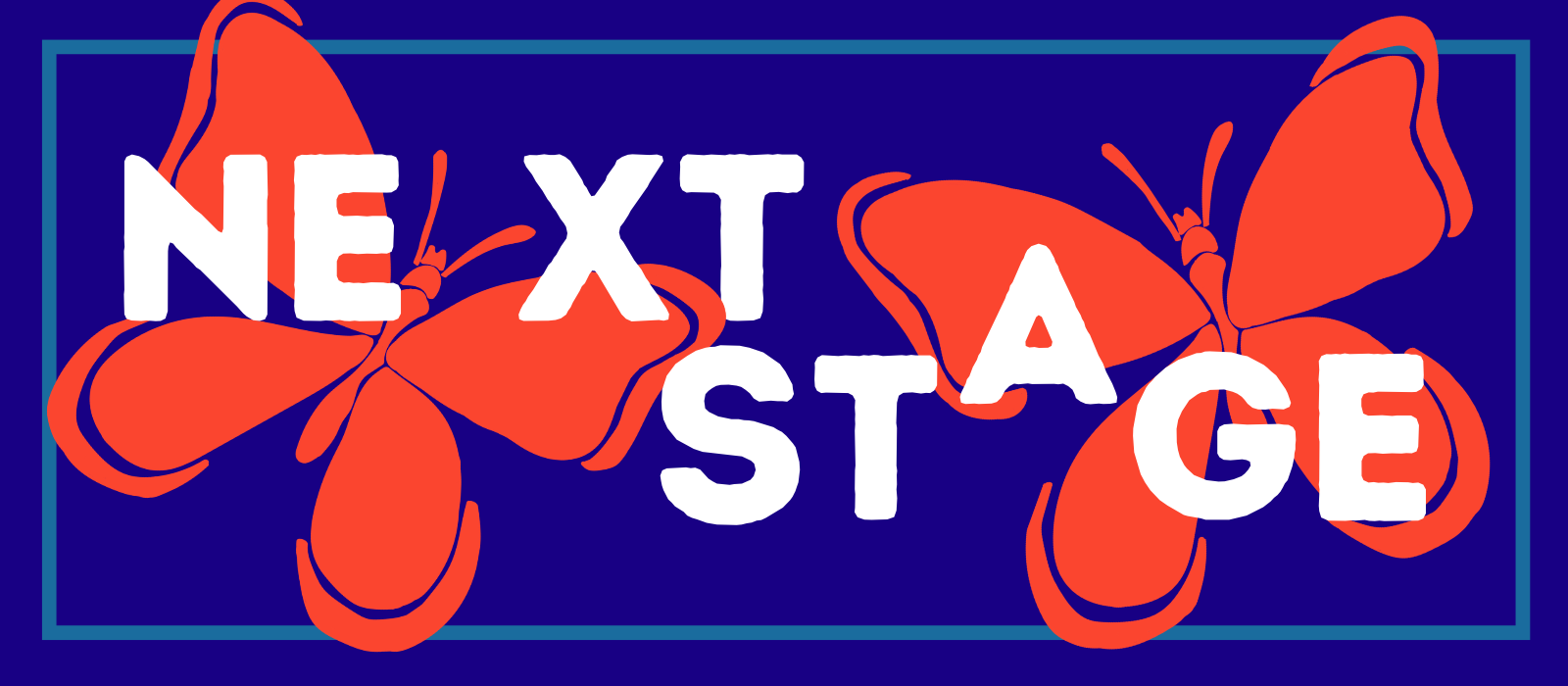 "Toronto Fringe presents Next Stage" on a blue background with orange butterflies 